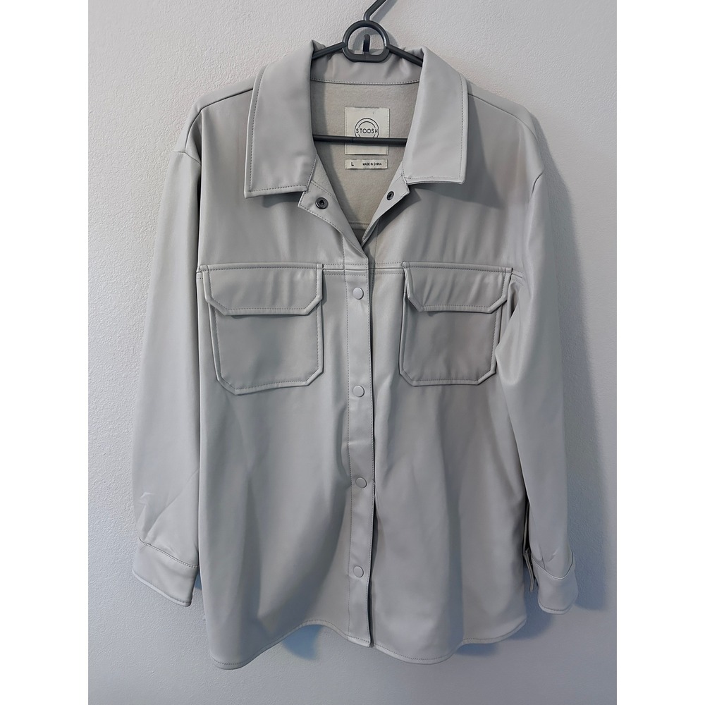 Stoosh Faux Leather Shacket Size L Grey Excellent Snap Front Utility Jacket